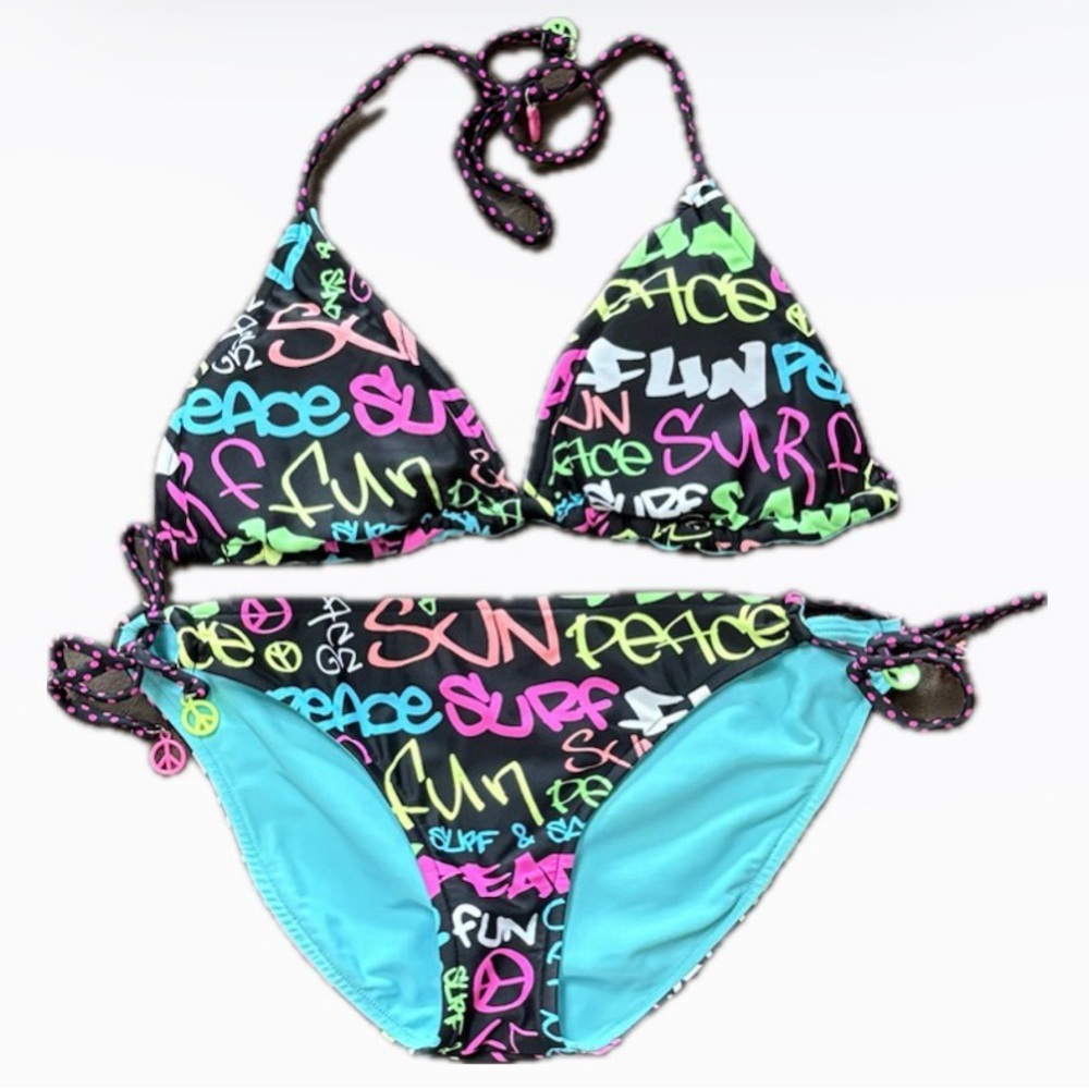 Reversible 2 in 1 Vibrant Bikini Set with Fun Graphics or Aqua Blue